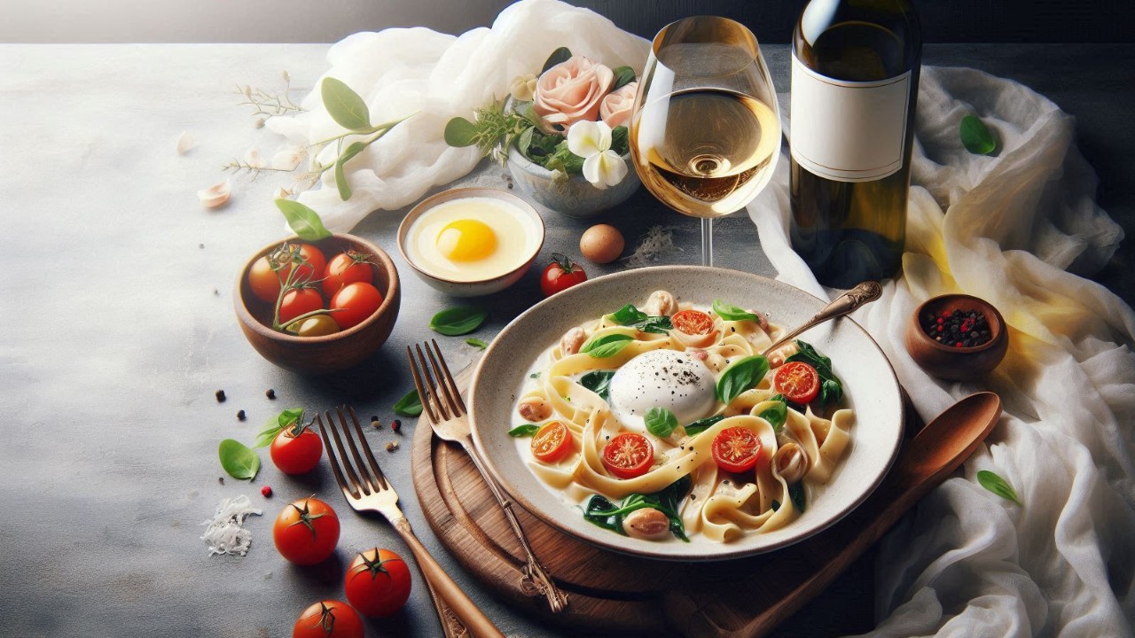 A glass of chardonnay wine with a pasta dish.